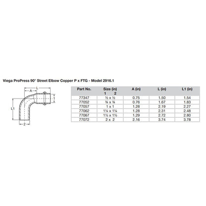Viega ProPress 114  90 Copper Elbow  StreetPress Connection  Smart Connect Technology 77062