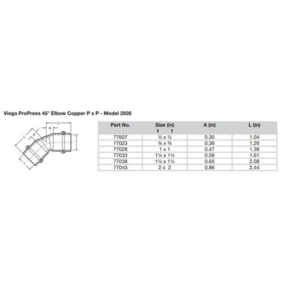Viega ProPress 2  45 Copper Elbow  Double Press Connection  Smart Connect Technology 77043