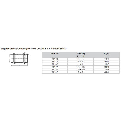 Viega ProPress 114 Copper Coupling wo Stop  Double Press Connection  Smart Connect Technology 78187
