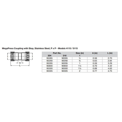 Viega MegaPress 2 Stainless Steel 304 Coupling wStop  Double Press Connection  Smart Connect Technology 95305