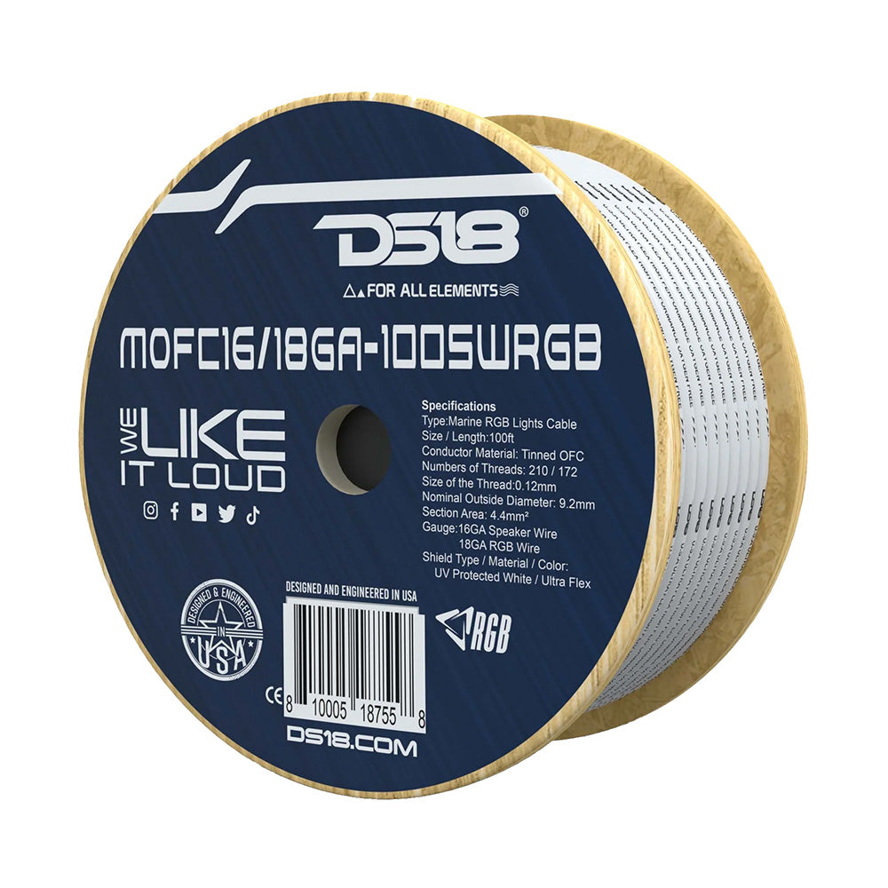 DS18 Marine Tinned OFC 18GA RGB Wire w16GA Speaker Wire  100 Spool MOFC1618GA100SWRGB